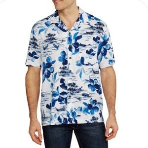 George Mens Hawaiian Tropical Floral Button Up Shirt Short Sleeve White Blue M